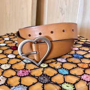 Vintage Tan Genuine Leather Belt with Metal Heart Buckle 2000s